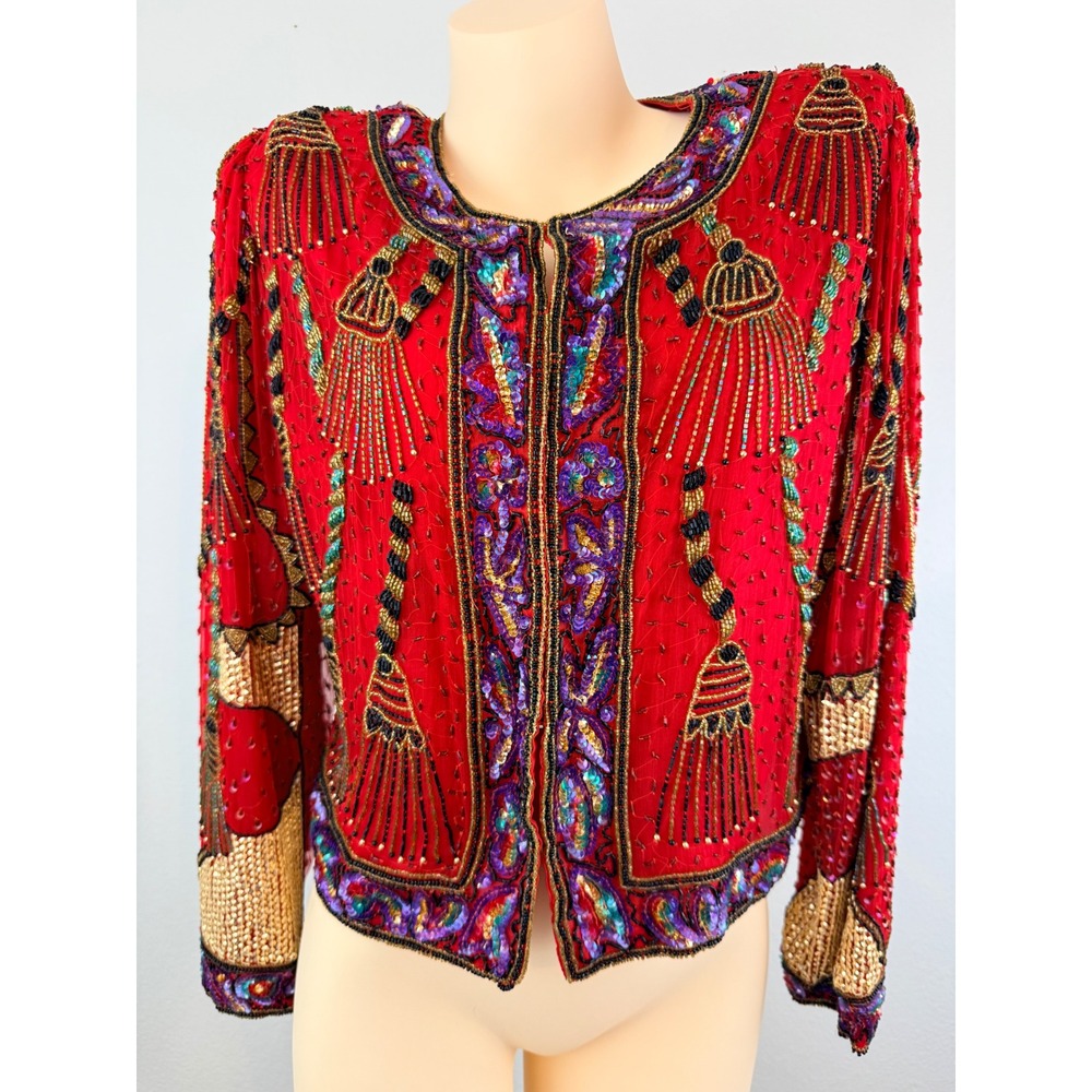 Vintage Maximalist Laurence Kazar Red Silk Beaded Sequin Evening Jacket Size L